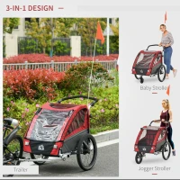 HOMCOM Child Bike Trailer 3 In1 Foldable Jogger Stroller 2-Seater Baby Stroller Transport Carrier with Shock Absorber System Adjustable Handlebar Storage Bag Red(m-4)