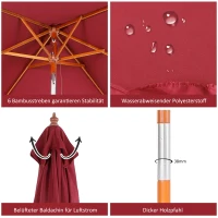 Outsunny parasol, zginany parasol ogrodowy, parasol plażowy, 3-stopniowa regulacja, drewno + poliester, czerwone wino, 200 x 150 x 230 cm(m-6)