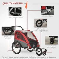 HOMCOM Child Bike Trailer 3 In1 Foldable Jogger Stroller 2-Seater Baby Stroller Transport Carrier with Shock Absorber System Adjustable Handlebar Storage Bag Red(m-6)
