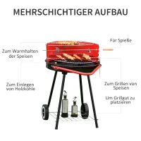 Outsunny grill węglowy okrągły grill na kółkach z półką BBQ metal czerwony(m-5)