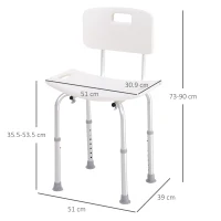 HOMCOM Scaun de Duș Antiderapant cu Spătar și Înălțime Reglabilă pe 8 Poziții, 50,6x43x71-88 cm, Alb(m-3)