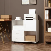 Vinsetto Printer Stand with Wheels, Mobile Printer Table with Open Shelves, Drawers and Enclosed Compartment for Home Office, 80W x 38.5D x 74.5Hcm, White(m-10)