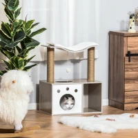 PawHut Árbol Rascador para Gatos Altura 74 cm Escalador con Plataformas Caseta de Madera Poste de Rascado Bolas y Caja de Almacenaje 60x37x74 cm Natural Blanco(m-2)