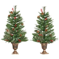 HOMCOM 2 Pieces Set 3 Ft Artificial Christmas Tree with 110 Realistic Branches, Pine Cones, Red Berries, Gold Pot, for Doorway, Porch, Green(m-1)