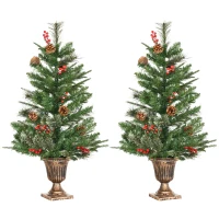 HOMCOM 2 Pieces Set 3 Ft Artificial Christmas Tree with 110 Realistic Branches, Pine Cones, Red Berries, Gold Pot, for Doorway, Porch, Green(m-11)