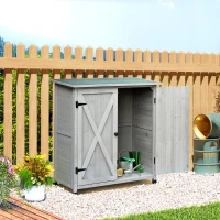 Outsunny Garden Shed Wooden Garden Storage Shed Fir Tool Cabinet Organiser with Shelves Double Door  - 110L x 55W x117Hcm Grey(m-2)