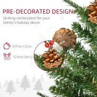 HOMCOM 2 Pieces Set 3 Ft Artificial Christmas Tree with 110 Realistic Branches, Pine Cones, Red Berries, Gold Pot, for Doorway, Porch, Green(m-6)