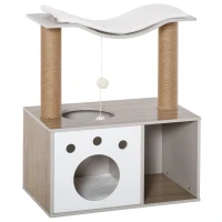 PawHut Árbol Rascador para Gatos Altura 74 cm Escalador con Plataformas Caseta de Madera Poste de Rascado Bolas y Caja de Almacenaje 60x37x74 cm Natural Blanco(m-8)