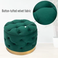 Homcom Puf Rotund cu Compartiment de Depozitare si Capac Detasabil din Catifea Verde cu Efect Matlasat si Baza Aurie(m-6)