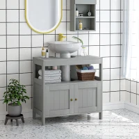 kleankin Pedestal Under Sink Cabinet with Double Doors, Modern Bathroom Vanity Storage Unit with Shelves, Light Grey(m-2)