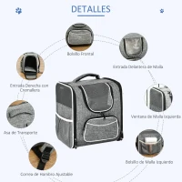 PawHut Transportín Mochila para Gatos Perros Pequeños Bolsa de Transporte para Mascotas Plegable Transpirable con Cojín Extraíble y Correa de Seguridad para Viaje 31x26x34 cm Gris(m-7)