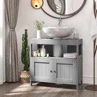 kleankin Pedestal Under Sink Cabinet with Double Doors, Modern Bathroom Vanity Storage Unit with Shelves, Light Grey(m-10)