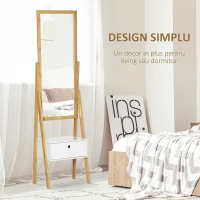 HOMCOM Oglinda de podea multifunctionala cu sertar pentru dormitor si coridor, din MDF si bambus, 45x30x160cm, culoare alb si lemn(m-4)