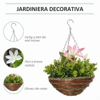 Outsunny Set din 2 plante artificiale, cu cuier si lant pentru agatare, Ф30 x 32 cm, frunze verzi, flori albe si rosii(m-4)