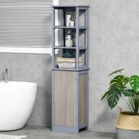 kleankin Dulap de baie cu 3 rafturi, coloana de baie pentru economisirea spatiului, din lemn MDF 40x30x160, gri si lemn natural(m-10)