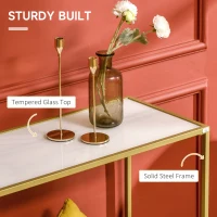 HOMCOM Consola de hol din otel si sticla calita, masuta de cafea cu picioare reglabile pentru sufragerie si dormitor, 100x35,5x80cm, alb si auriu(m-5)