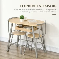 HOMCOM Set de luat masa cu 3 piese pentru economisirea spatiului, cu masa ovala cu raft si 2 scaune din MDF si otel, din lemn si de culoare argintie(m-5)