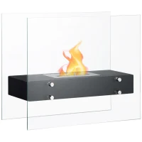 HOMCOM Semineu cu bioetanol din metal si sticla securizata cu ardere de 3 ore cu rezervor de 1,5 l si capac de 25 m², 60x26x50cm, negru(m-1)