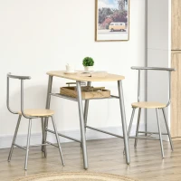 HOMCOM Set de luat masa cu 3 piese pentru economisirea spatiului, cu masa ovala cu raft si 2 scaune din MDF si otel, din lemn si de culoare argintie(m-10)