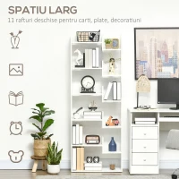 HOMCOM Biblioteca moderna cu 6 etaje cu 11 rafturi deschise din MDF si PAL, mobilier biblioteca pentru studiu si sufragerie, 61x21,6x162,6 cm, alb(m-5)