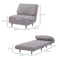 HOMCOM Fotoliu Pat 2 in 1 reglabil pe 3 niveluri cu sezut foarte mare si captuseala din spuma, structura din lemn, otel si efect de catifea gri(m-3)