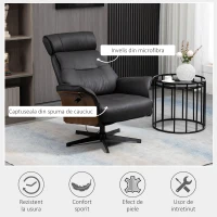 HOMCOM Fotoliu rabatabil cu tetiera reglabila si scaun captusit din cauciuc spuma, structura din otel si lemn, 84x83x103cm, negru si nuc(m-5)