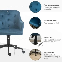 Vinsetto Chaise de bureau fauteuil de bureau ergonomique hauteur réglable pivotante à 360° revêtement velours grand confort 63 x 64 x 96 cm bleu(m-7)