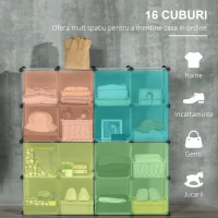 HOMCOM Mobilier pentru incaltaminte modular, 16 cuburi 30x30x30cm din plastic PP si otel , transparent(m-4)