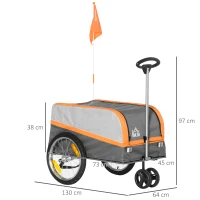 HOMCOM Remorca de bicicleta din otel cu roti, geanta de bagaje din tesatura Oxford 600D, 6 reflectoare si 1 steag, 130x64x60x60/97cm(m-3)