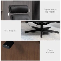 HOMCOM Fotoliu rabatabil cu tetiera reglabila si scaun captusit din cauciuc spuma, structura din otel si lemn, 84x83x103cm, negru si nuc(m-6)