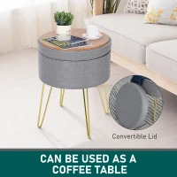 HOMCOM Puf de depozitare 2 in 1 cu functie de taburet sau masuta de cafea, lemn si tesatura gri, metal cu finisaj auriu, 36x36x45cm(m-4)