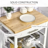 HOMCOM carucior de bucatarie cu sertar si cosuri, carucior pentru alimente cu roti pivotante si raft din lemn, 63x40x86cm, alb(m-6)