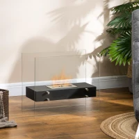 HOMCOM Semineu cu bioetanol din metal si sticla securizata cu ardere de 3 ore cu rezervor de 1,5 l si capac de 25 m², 60x26x50cm, negru(m-10)