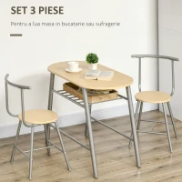 HOMCOM Set de luat masa cu 3 piese pentru economisirea spatiului, cu masa ovala cu raft si 2 scaune din MDF si otel, din lemn si de culoare argintie(m-4)