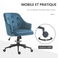 Vinsetto Chaise de bureau fauteuil de bureau ergonomique hauteur réglable pivotante à 360° revêtement velours grand confort 63 x 64 x 96 cm bleu(m-6)