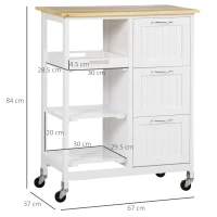 HOMCOM Carucior de bucatarie cu 3 sertare, 2 rafturi deschise si tava detasabila, din MDF si lemn de pin, 67x37x84cm, culoare lemn si alb(m-3)