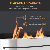 HOMCOM Semineu de masa cu bioetanol din otel inoxidabil, ardere 3 ore cu rezervor de 1,5 l si capac de 25 m², 45x18x17 cm, argintiu(m-4)