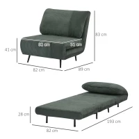 HOMCOM Fotoliu Pat 2 in 1 reglabil pe 3 niveluri cu sezut foarte mare si captuseala din spuma, structura din lemn, otel si efect catifea verde(m-3)