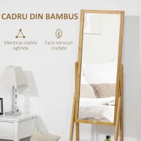 HOMCOM Oglinda de podea multifunctionala cu sertar pentru dormitor si coridor, din MDF si bambus, 45x30x160cm, culoare alb si lemn(m-7)