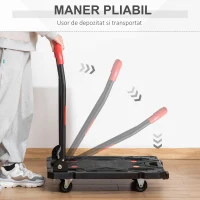 DURHAND Carucior pliabil pentru transport din otel si PP cu 4 roti, suporta o greutate maxima de 150kg, 70 x52.5x90cm, Negru si Rosu(m-5)