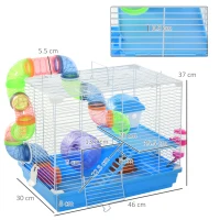 PawHut Cușcă pentru Hamster cu 2 Niveluri, Rezervor de Apă, Tavă Detașabilă, Tunel și Roată, 46x30x37cm, Albastru(m-3)