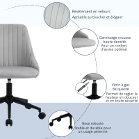 Vinsetto Chaise de bureau design contemporain pivotante 360° ergonomique dossier strié hauteur réglable revêtement velours 50 x 58 x 85 cm gris(m-7)