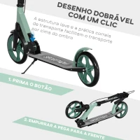 HOMCOM Trotinete Dobrável com Guiador Ajustável Rodas Grandes de 200mm Amortecimento e Travão Carga Máxima 100kg 91,5x36,5x91-104cm Verde(m-5)