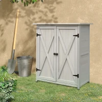 Outsunny Gartenschrank Holz, Geräteschuppen wetterfest 110 x 55 x 117 cm, Gerätehaus mit Tür, Pultdach, Ablagen, Geräteschrank, Gartenhaus Werkzeugschrank Gartenschuppen für Garten Terrasse Grau(m-2)