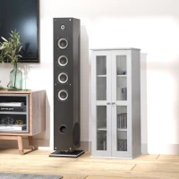 HOMCOM CD Cabinet - Holds up to 100 CDs, 4-Tier CD Storage Unit, Modern Bookcase with Magnetic Doors and Wide Base for Home, White(m-10)