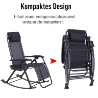 Outsunny Schaukelstuhl Schaukelliege Gartenliege Schwingsessel faltbar Rückenlehne verstellbar mit Kopfkissen Getränkehalter Stahl + Texteline Schwarz bis 120 kg(m-6)