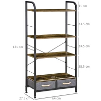 HOMCOM Mobile Libreria con 4 Scaffali e 2 Cassetti in Truciolato, Acciaio e Tessuto Effetto Lino, 64x27.5x121 cm(m-3)