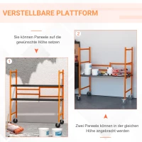 HOMCOM Arbeitsgerüst mobiles Gerüst Treppenleiter Leiter mit Feststellrädern Verstellbare Arbeitsplattform tragbar zusammenklappbare Leiterhocker Stahl Schwarz+Orange 105 x 59 x 117 cm(m-6)