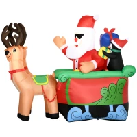Outsunny 6ft Inflatable Christmas Santa Claus and Penguin on Sleigh with 2 Reindeer, Blow-Up Outdoor LED Yard Display(m-11)