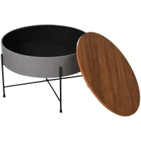 HOMCOM Tavolino da Caffè Rotondo per Soggiorno con Vano Contenitore in Metallo, Legno e Lino, Stile Vintage, Φ60x40cm(m-5)